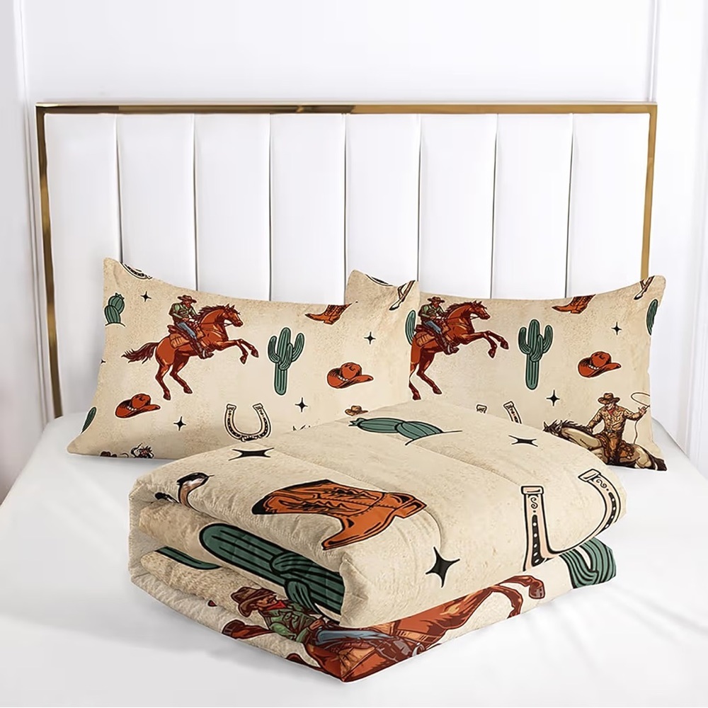 Western Cowboy Comforter Set Full Size, Rodeo Riding Bull With Cacti Set 3-Piece - Picture 7 of 8
